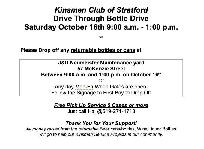 The Kinsmen Club of Stratford Bottle/Can Drive