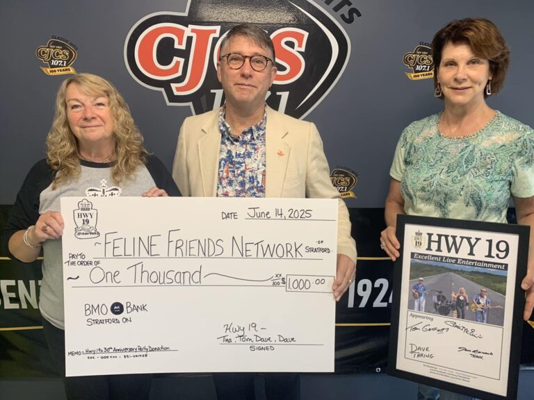 Tina McEwin and Tom Gatenby from HWY 19 and Marg Usprech with Feline Friends